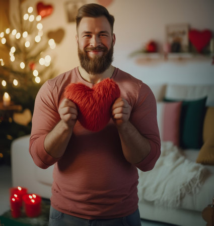 A smiling man with a beard joyfully holds a plush heart in a brightly decorated room, celebrating Valentine's Dayの素材