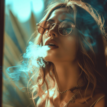 Portrait of a stylish young woman with glasses, elegantly blowing smoke in a moody atmosphereの素材