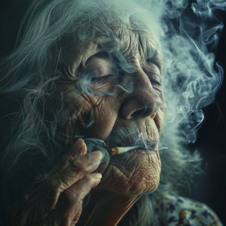 An elderly woman's wrinkled face, shrouded in smoke from the cigarette in her mouth, tells a story of a lifetimeの素材