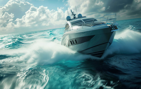 Luxury yacht cruising on turquoise ocean waters under a partly cloudy skyの素材