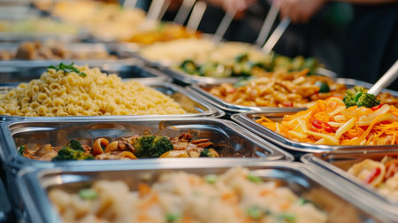 A variety of delicious, freshly prepared pasta and stir-fry dishes displayed in a buffet settingの素材