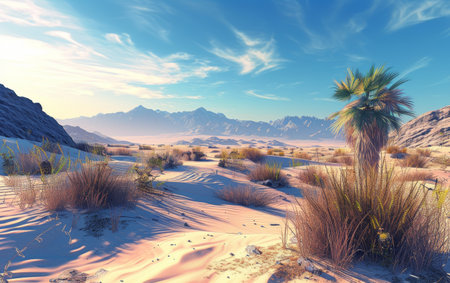 A serene desert landscape with golden sands, scattered vegetation, and distant mountains under a clear blue skyの素材