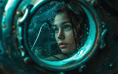 A young girl's face is illuminated as she peers through a porthole, captivated by the underwater world beyondの素材