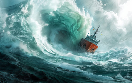 A ship amidst a massive, turbulent wave, showcasing the power and majesty of nature's oceanic forcesの素材
