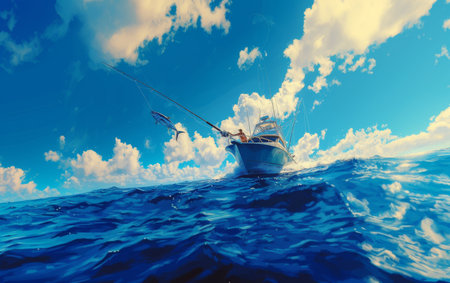 A fisherman in action, reeling in a large marlin from the deep blue ocean, showcasing the thrill of sport fishingの素材