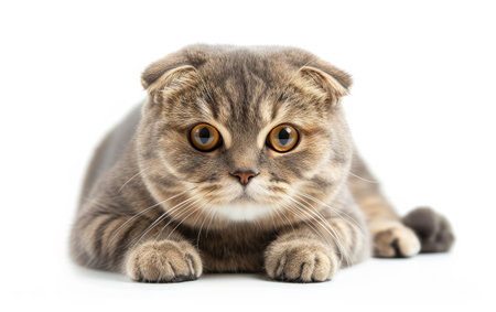 An adorable Scottish Fold cat lying calmly, its unique folded ears and soft fur beautifully isolated against a white backgroundの素材