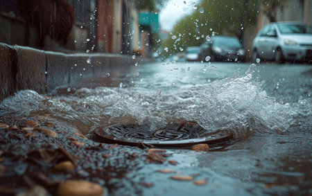 Close-up of water splashing around a street drain, capturing the dynamic movement of water dropletsの素材