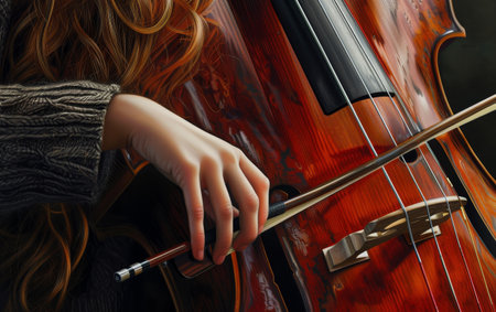 A skillful musician girl in casual attire plays a vintage cello against a moody, textured backdropの素材