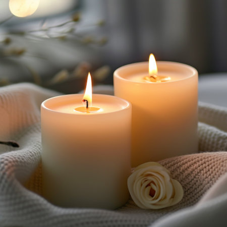 Two burning candles and a rose on a knitted fabricの素材