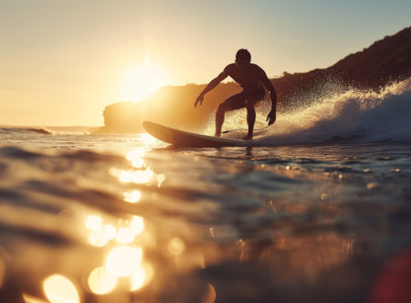 A surfer rides a wave at sunset, creating a silhouette against the golden sky and sparkling oceanの素材