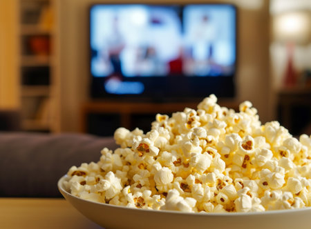 A bowl of popcorn in focus, with a blurred TV screen and cozy living room in the backgroundの素材