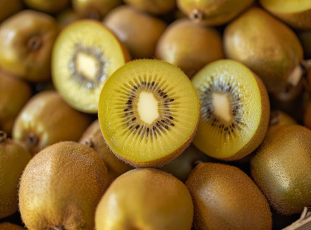 Close-up of fresh, ripe kiwis, one sliced revealing vibrant green interiorの素材
