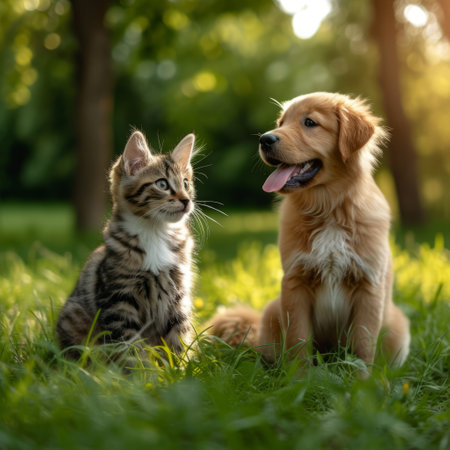 A kitten and a puppy sitting together on grass, bathed in soft sunlight, showcasing a moment of animal friendshipの素材