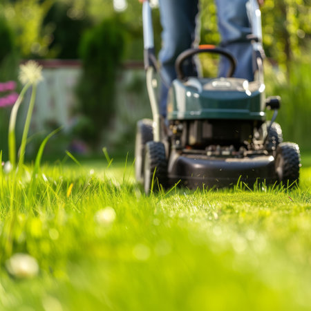 A man mowing a lush green lawn with a push mower, capturing the essence of garden maintenanceの素材