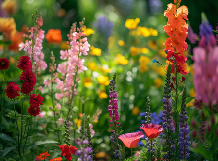 A vibrant garden of colorful flowers, including red, orange, yellow, and purple bloomsの素材