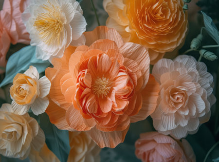 Handmade paper flowers in various colors and shapes on a wooden backgroundの素材