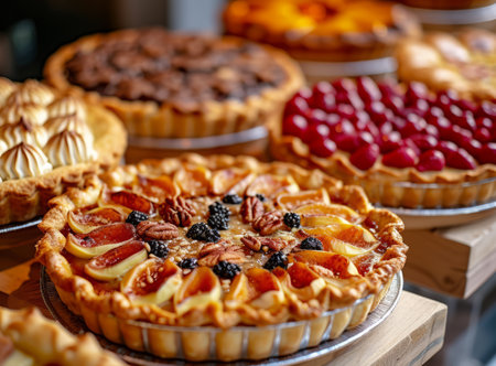 A variety of delicious pies with different fillings on a wooden table, with a fruit and nut pie in the foregroundの素材
