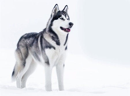 A Siberian Husky stands majestically in the snow, showing off its thick black and white fur and blue eyesの素材