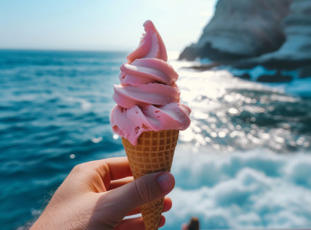 A hand holding a pink ice cream cone against a backdrop of blue sea and rocky cliffs. Sunny, refreshing, and vibrantの素材