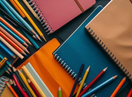 Colorful flat lay of notebooks and colored pencils on a dark background, symbolizing creativity and planningの素材