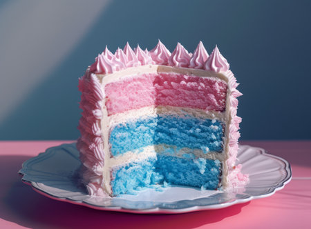 A colorful layered cake with pink and blue layers, topped with pink icing, on a plate against a two-tone background. Gender partyの素材