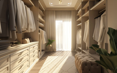 Elegant walk-in closet with organized clothes, natural light, modern design, and luxurious decorの素材