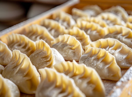 Fresh raw dumplings on a floured wooden surface, ready to be cooked. Close-upの素材