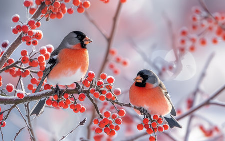 Two colorful Eurasian bullfinch amid vibrant red berries, showing nature's beauty in a serene winter settingの素材
