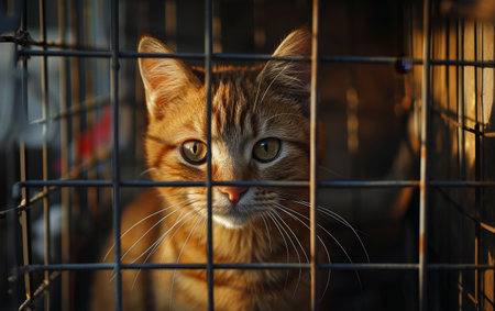 A curious cat with wide eyes peers through the wires of a cage, illuminated by soft lightingの素材