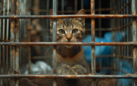 A curious cat with wide eyes peers through the wires of a cage, illuminated by soft lightingの素材