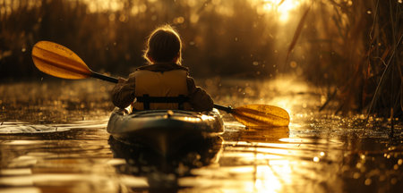 Child kayaking amidst tall grass, basked in the golden glow of the setting sun, reflecting a serene atmosphereの素材