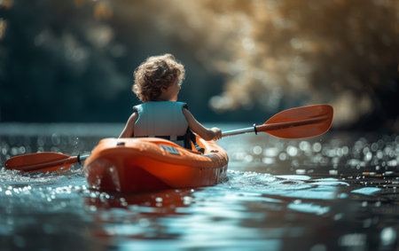 Child kayaking amidst tall grass, basked in the golden glow of the setting sun, reflecting a serene atmosphereの素材