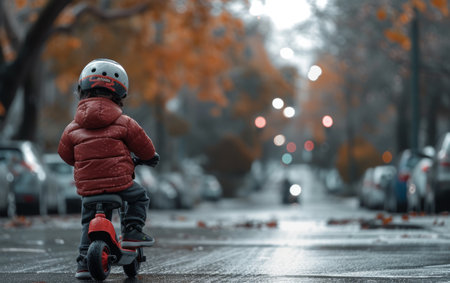 Child boy in a red jacket and helmet rides a scooter on a wet street, with autumn leaves and parked carsの素材