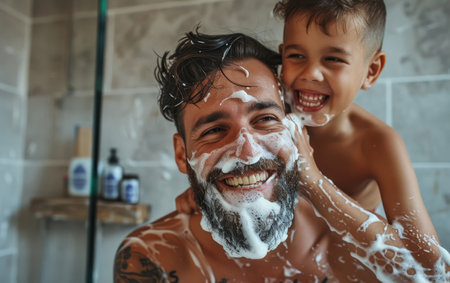 Father and son covered in foam, having a joyful time playing in the bathroomの素材