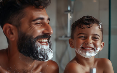 Dad and son with shaving foam on their faces having fun in bathroomの素材