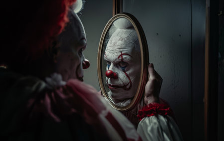 In a brooding and eerie atmosphere, a melancholic clown gazes into the mirror, capturing the haunting reflection of his somber soul. Dark and cryptic, this image evokes a sense of introspective gloomの素材