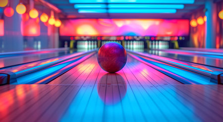 Vibrant bowling alley with a red and blue swirling bowling ball, illuminated lanes, and colorful backdropの素材