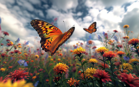 Vibrant Monarch butterflies soaring amongst colorful wildflowers in bloomの素材