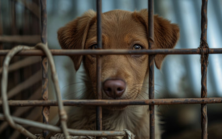 A hopeful puppy in a shelter, peering through the bars of its cage, waiting for a chance at a new homeの素材