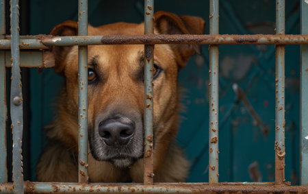 Close-up of a forlorn golden retriever behind a metal fence, gazing outward with yearningの素材