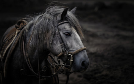 A close-up of a horse's face with a bridle, showcasing its noble and calm demeanorの素材