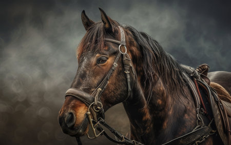 A majestic brown horse, bridled, gazes with gentle eyes against a muted backgroundの素材