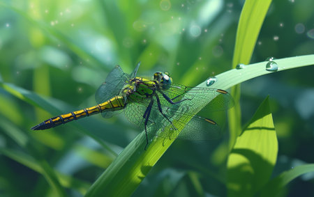 A detailed close-up of a dragonfly resting on a green reed, its wings glistening in the sunlightの素材