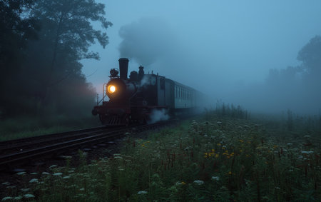 A vintage steam locomotive emerges through a misty landscape at dawn, smoke billowingの素材