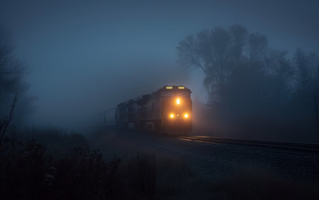A vintage train travels through misty woods at dawn, with headlight piercing the fogの素材