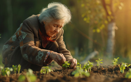 An elderly woman is shown actively working in a garden, tending to the plants and using gardening toolsの素材