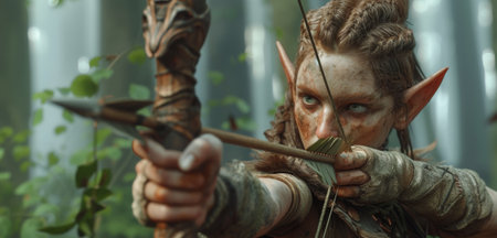 A elf woman is holding a bow and arrow in a dynamic scene from the movie The Huntsの素材