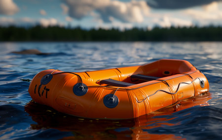 An empty orange inflatable life raft drift on the ocean waves, symbolizing isolation and dangerの素材