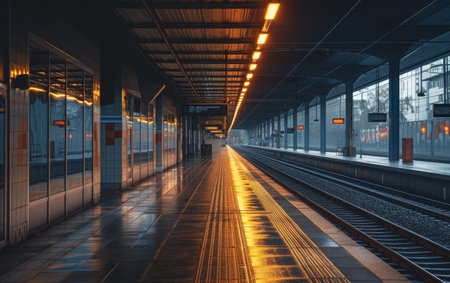 Serene, misty morning at a quiet train station, illuminated by soft lights reflecting on the wet platformの素材