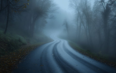 Misty forest road with tire tracks, surrounded by dark trees, evoking a mysterious and eerie atmosphereの素材